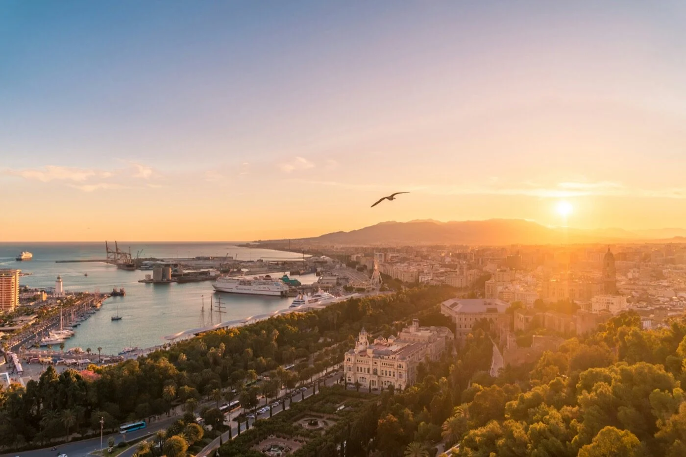 Malaga port, marina and cathedral skyline seen from the air at sunset