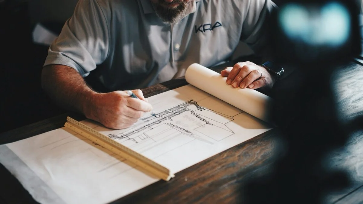 A hand drawing an elevation sketch with a ruler and pen